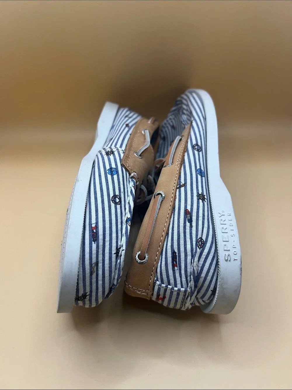 Sperry Kids Blue & White Striped Boat Moccasins with Tan Trim